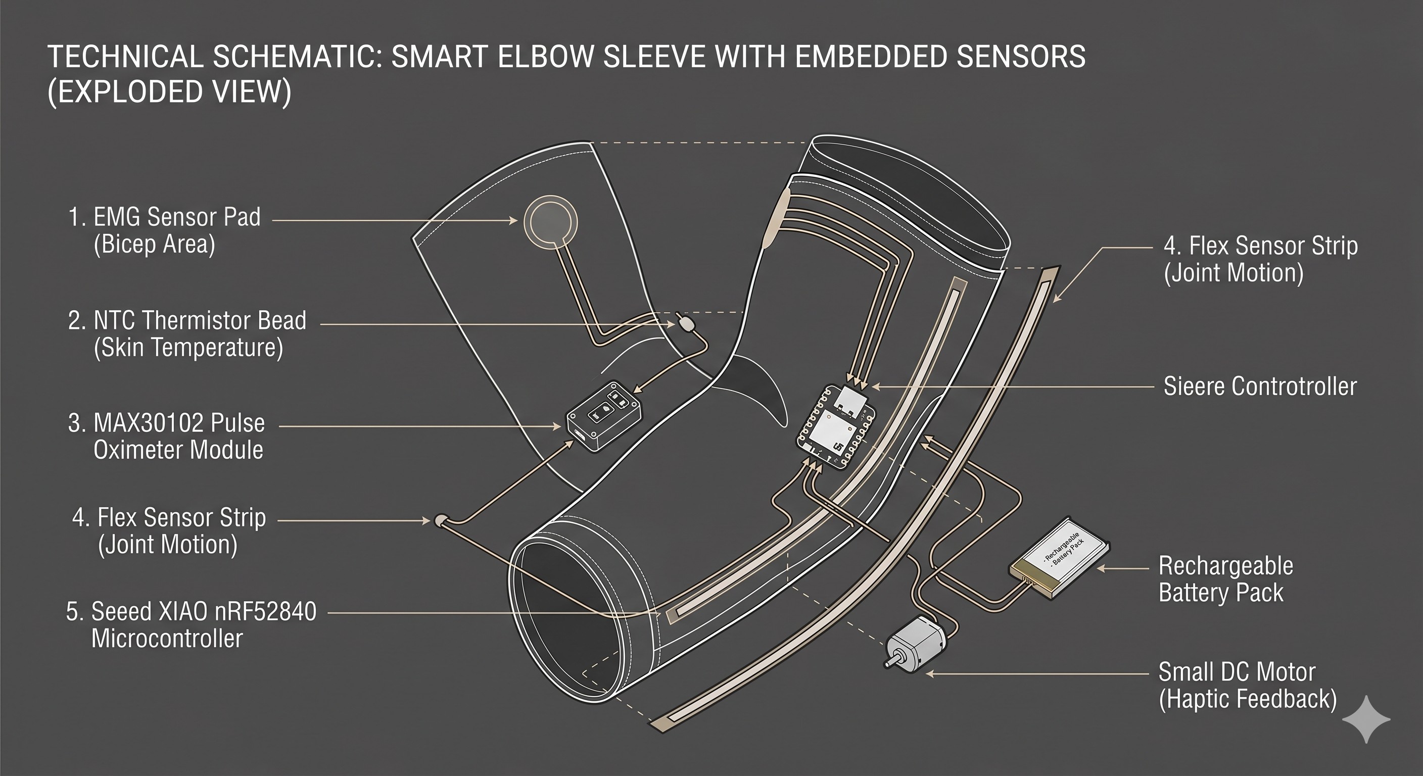 IMSES technical schematic — exploded view of smart elbow sleeve with embedded sensors